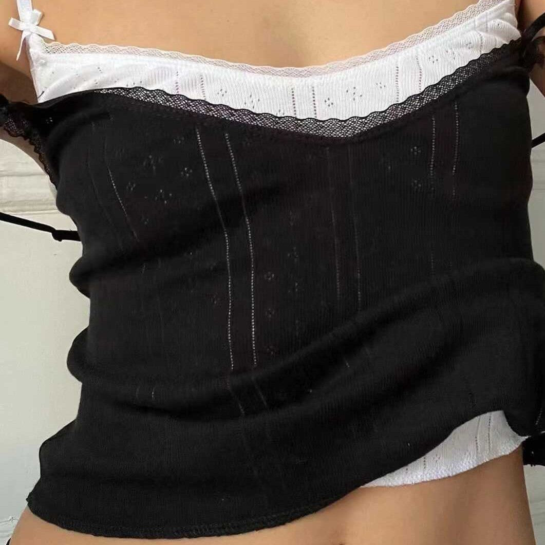 Women's Lace Top With Suspenders When Drinking Coffee