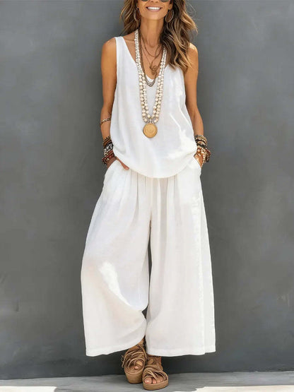 Women’s Cotton Linen Summer Co-Ord Set – Sleeveless Tank & Wide-Leg Pants (Breathable Casual Outfit)