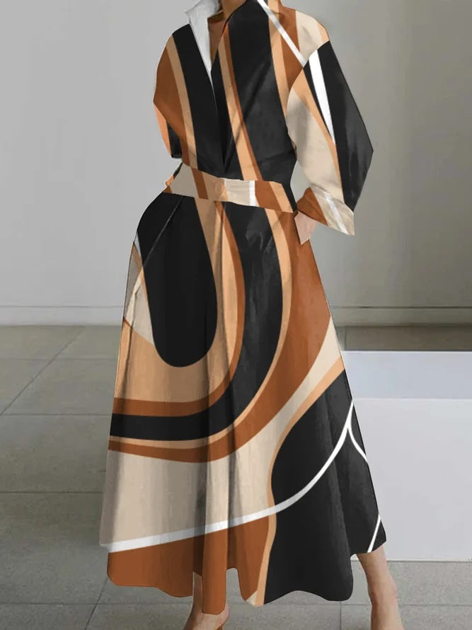 Long-Sleeve Elastic Waist Swing Maxi Dress