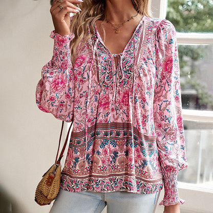 Wpmens Boho Chic Long Sleeve Blouse Floral Print V-Neck Top With Lace-Up & Drawstring Detail Elegant Vacation Shirt