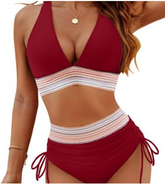 High Waisted Bikini Set With Color Blocking Drawstring Swimsuit