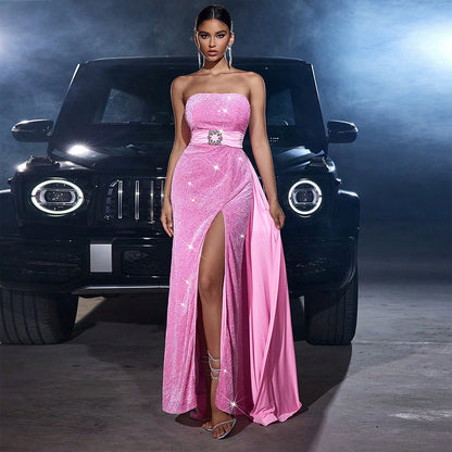 Velvet Sequin Cinched-Waist Slim-Fit Tube Top Banquet Dress