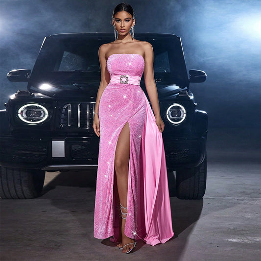 Velvet Sequin Cinched-Waist Slim-Fit Tube Top Banquet Dress