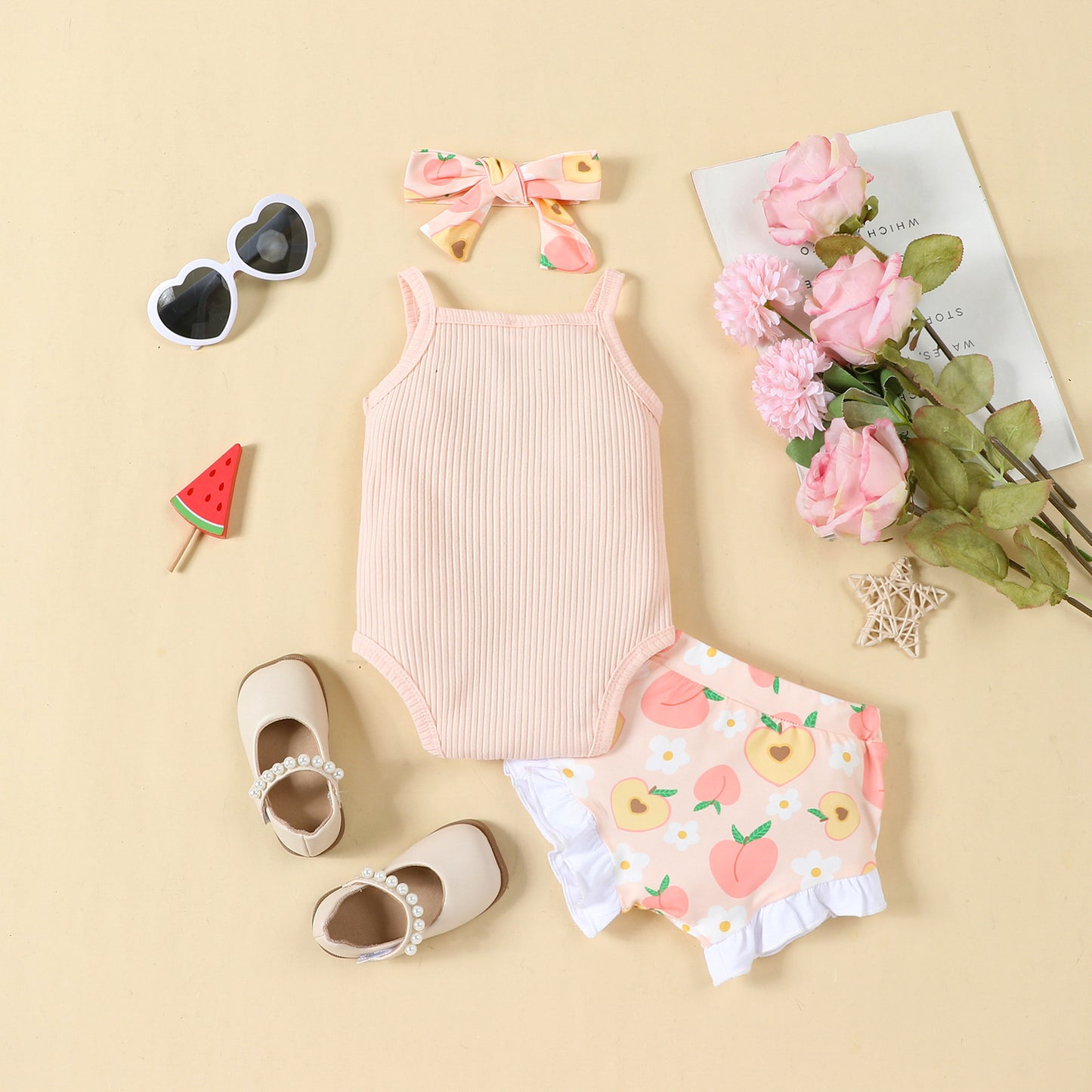 Letter Romper Full Printed Shorts Headscarf Three-piece Set