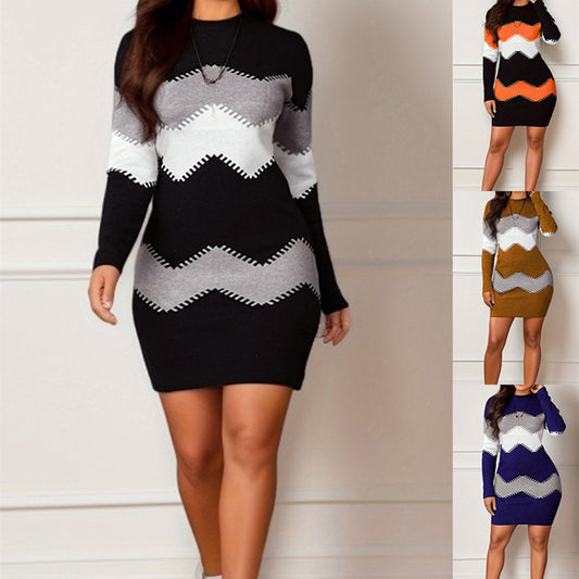 Mid-length Short Skirt Round Neck Long Sleeve Printed Knitted Sheath Dress - myETYN
