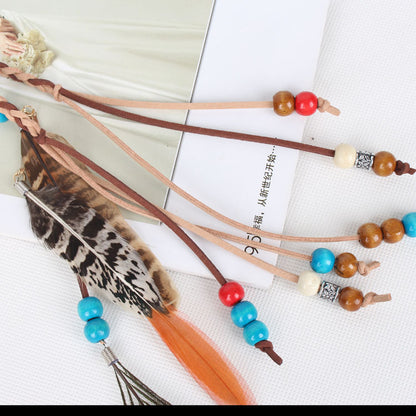 Indian Colored Beads Peacock Feather Leather Rope Pendant Hair Accessory