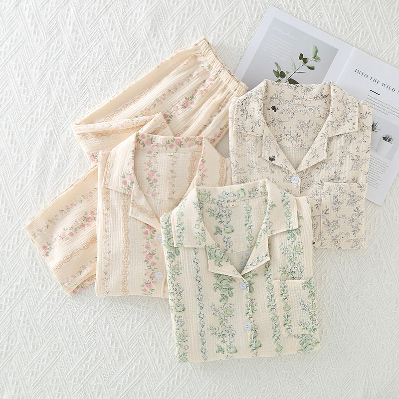 Floral Striped Long Sleeve Cotton Homewear Set for Women