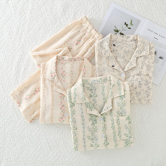 Floral Striped Long Sleeve Cotton Homewear Set for Women