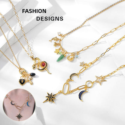 Fashion Jewelry Copper-plated Real Gold Necklace Fashion Design Star And Moon Rhinestone Alloy Necklace