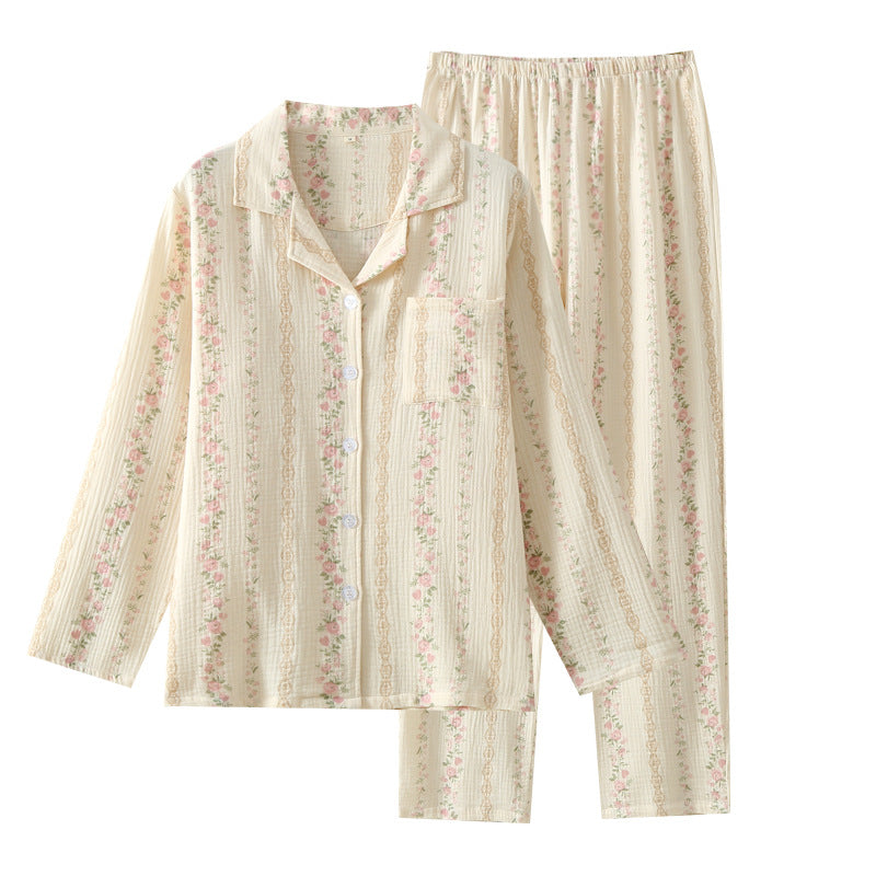 Floral Striped Long Sleeve Cotton Homewear Set for Women