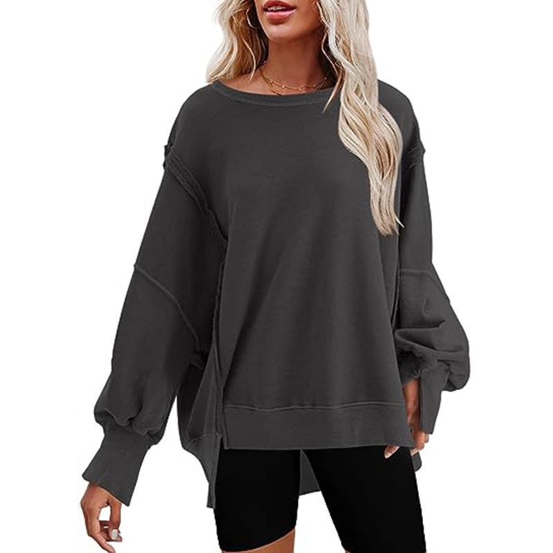 Pullover Sweatshirt Loose Round Neck Side Slit Long Sleeve Sports Sweatshirt For Women Tops - myETYN