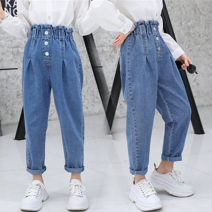 CUHK Korean Three-button Flower Bud Denim Trousers