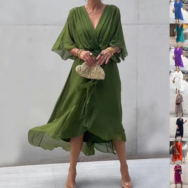 Batwing Sleeve V-neck Dress Summer Pure Color Tied Irregular Long Dresses Womens Clothing