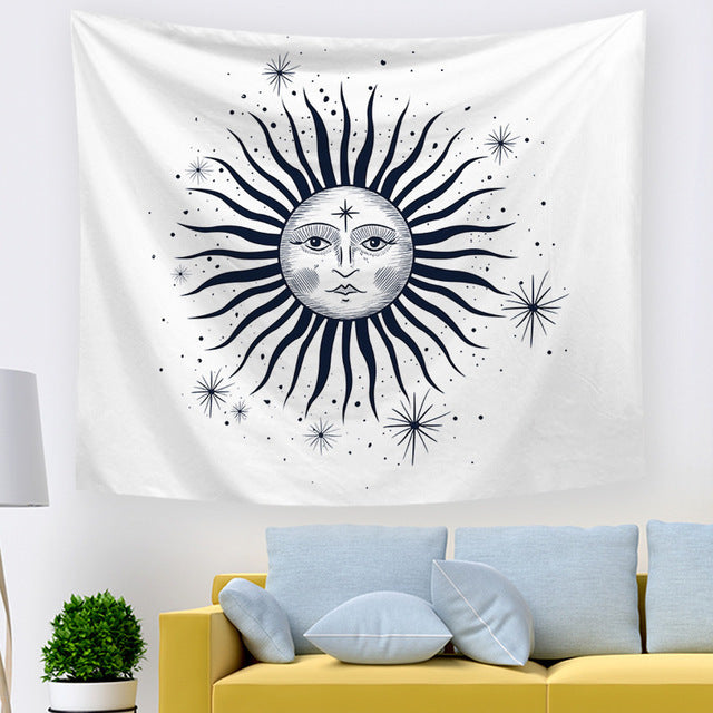 Sun And Moon Tapestry Black And White Burning Sun With Stars Tapestry Psychedelic Wall Tapestry Indian Tapestry For Room decor