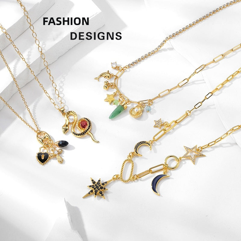 Fashion Jewelry Copper-plated Real Gold Necklace Fashion Design Star And Moon Rhinestone Alloy Necklace