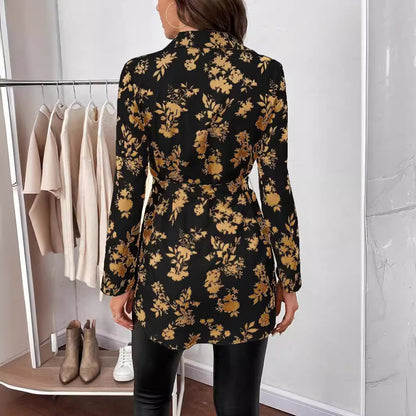 Spring And Summer New Elegant Women's Floral Print Belt Long Sleeve Shirt