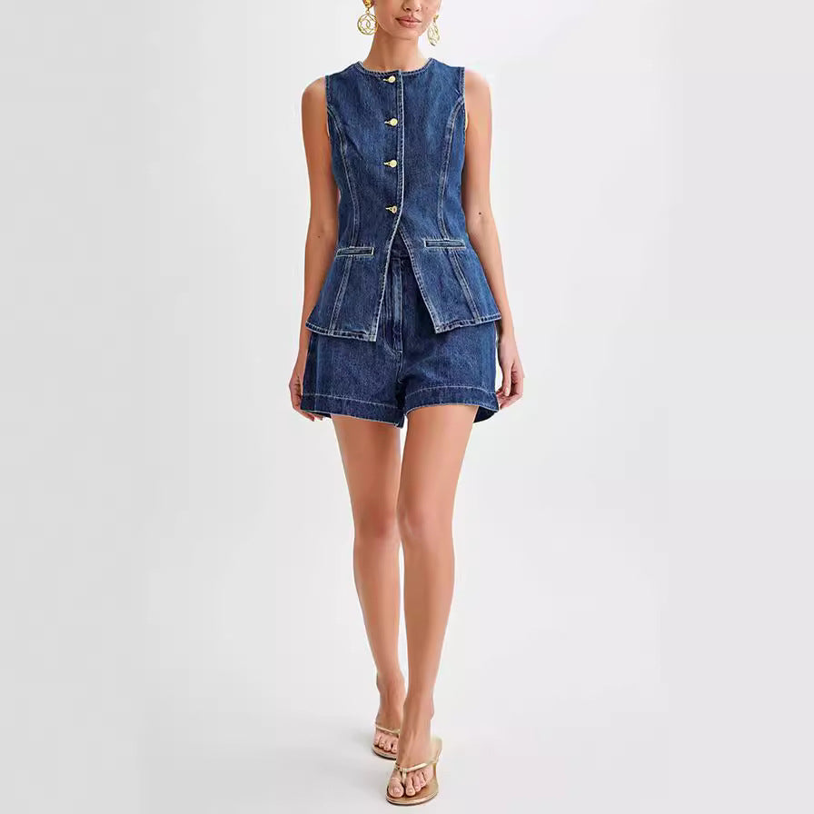 Fashion Denim Suit - Summer Casual Sleeveless Button Vest Top and High Waist Shorts Set for Women