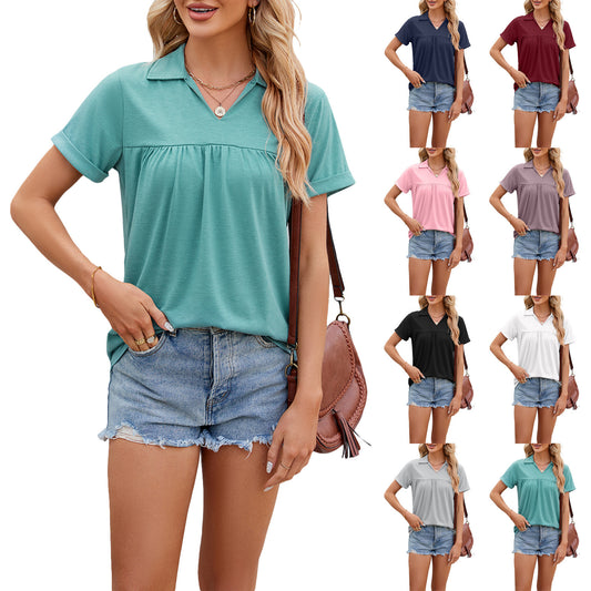 Solid Color V-Neck Lapel Short-Sleeved T-Shirt - Women's Summer Loose Top