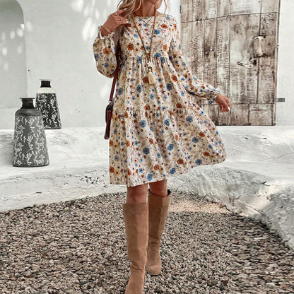 Women's Floral Print Boho Dress – Round Neck, Smocked Cuff, Midi Length
