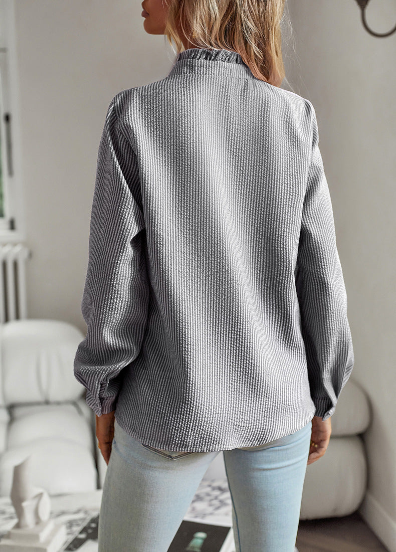 Women’s Striped Ruffle Blouse – Elegant Long Sleeve Button-Up Office Shirt