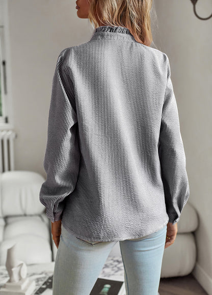 Women’s Striped Ruffle Blouse – Elegant Long Sleeve Button-Up Office Shirt