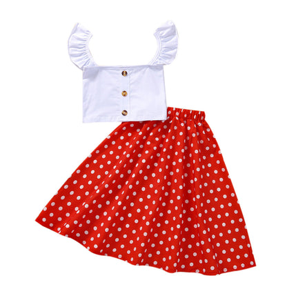 Single Breasted Blouse Top Polka Dot Skirt Two Piece Set