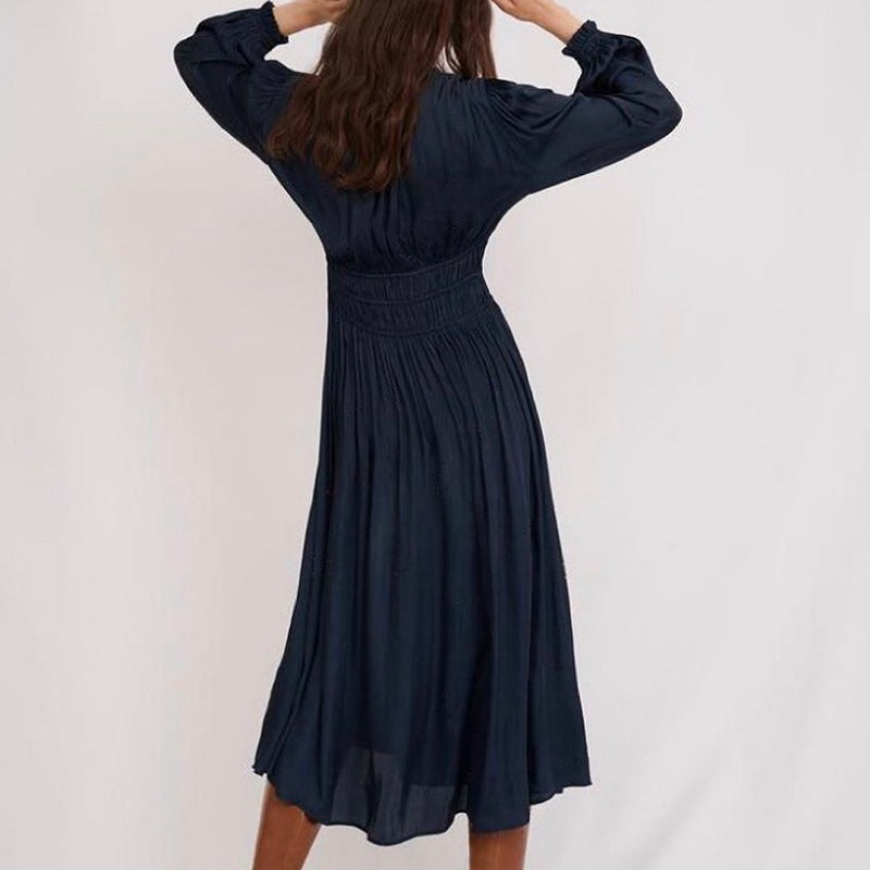 V-neck Waist-controlled Slimming Pleated Long Sleeve Dress