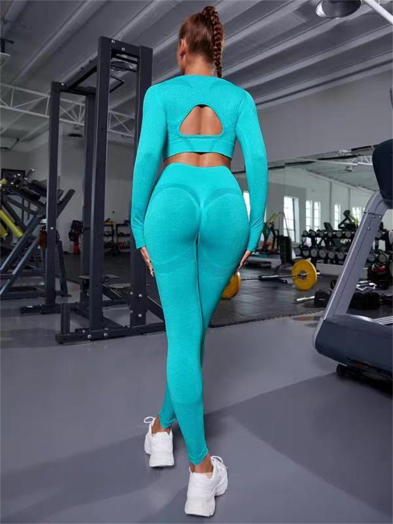 2pcs Sports Suits Long Sleeve Hollow Design Tops And Butt Lifting High Waist Seamless Fitness Leggings Sports Gym Sportswear Outfits Clothing - myetyn