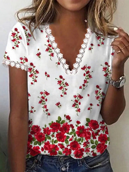 Women's V-neck Lace Casual Top Short Sleeve Printed Stitching T-shirt