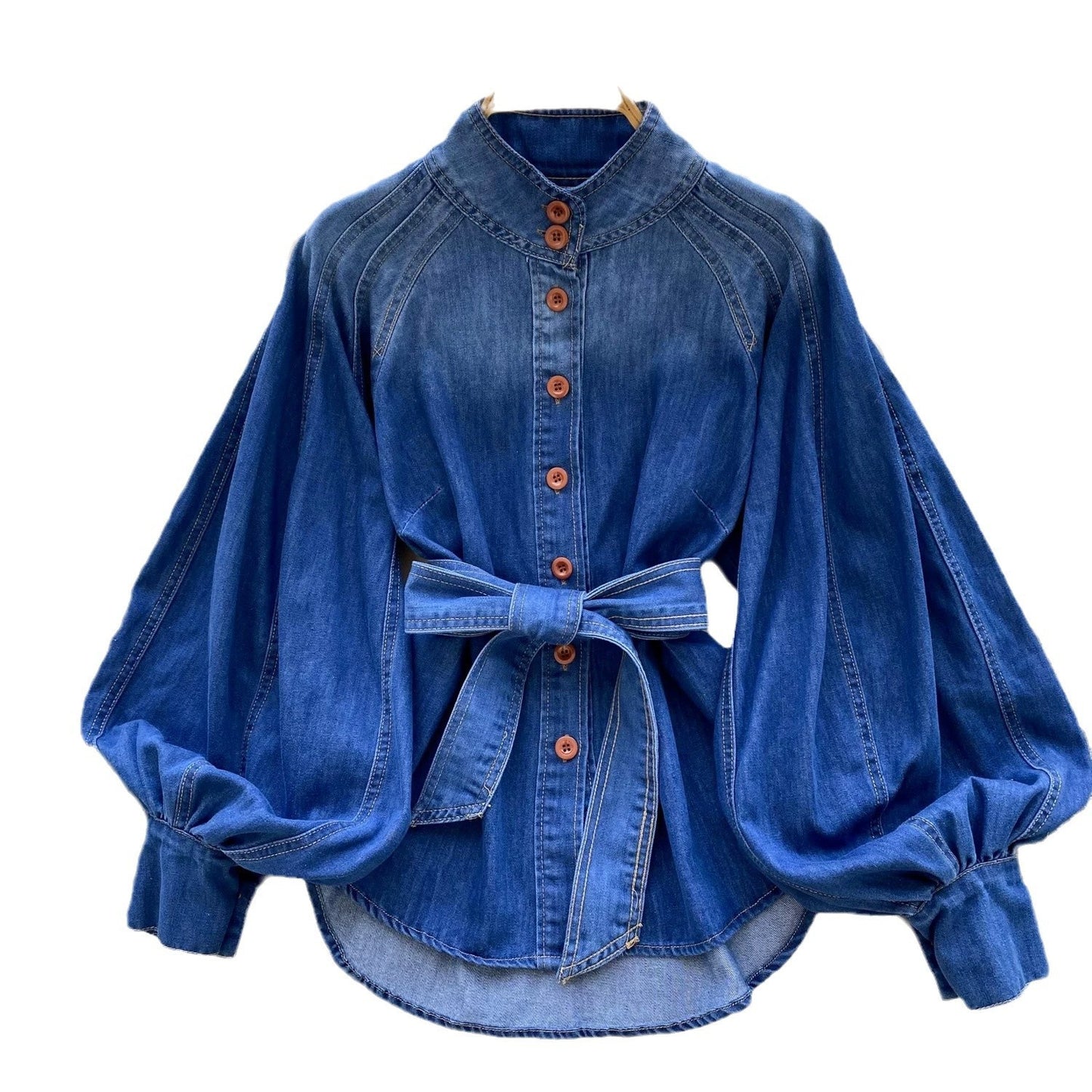 Retro Lace-up Waist-controlled Stand-up Collar Puff Sleeve Denim Top