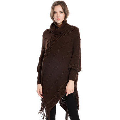 Acrylic Fringed Sweater High Collar Warm Sleeve Pullover Cloak - myETYN