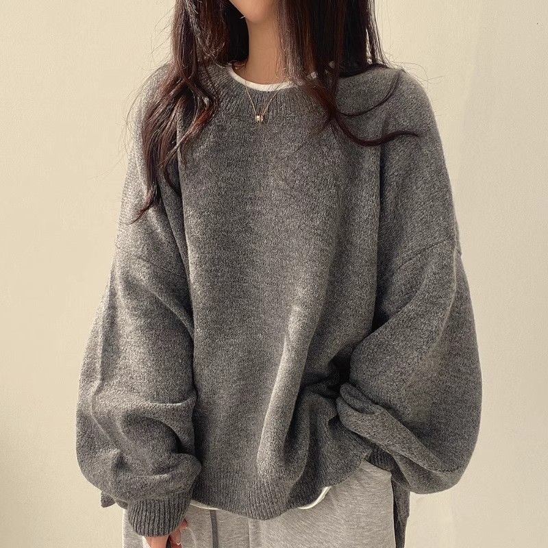 Temperament Crew Neck Pullover Lantern Sleeve Sweater for Women