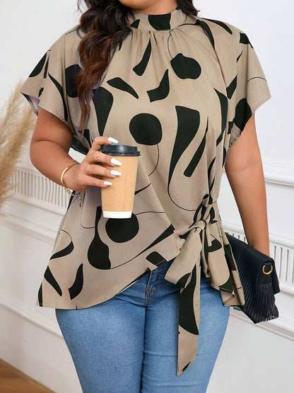 Plus-size Irregular Print Blouse For Women - Elegant Short-sleeve Work Top For Summer