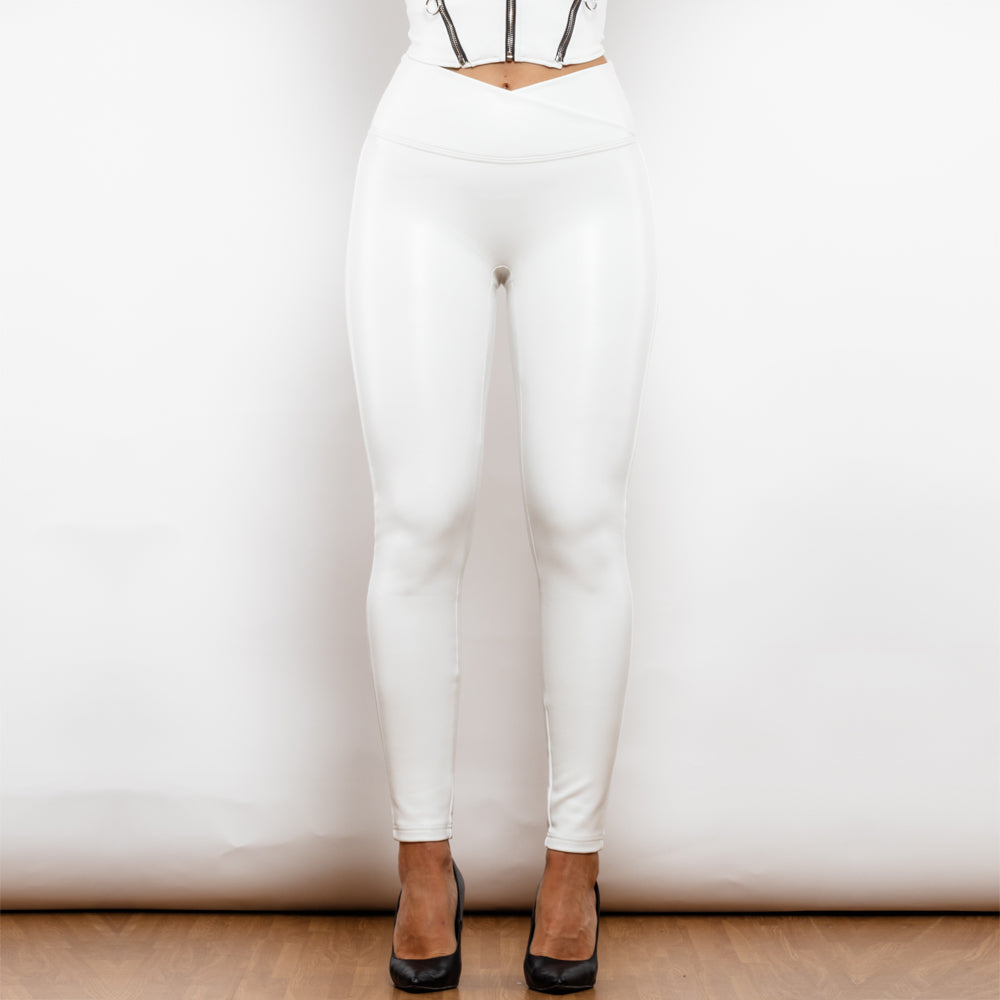 Shascullfites Melody X Cross Solid White High Waist Leather V Shape Leggings Leather Pants X Cross Pants Leather Leggings - myETYN