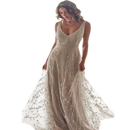 Women’s Long Bronzing Maxi Dress – V-Neck Party & Evening Wear