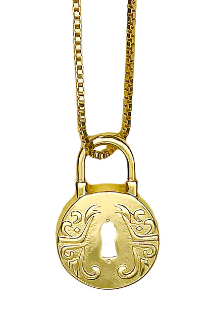 Vintage Floral Lock Pendant Necklace with 24" Length and Gold Plated Finish