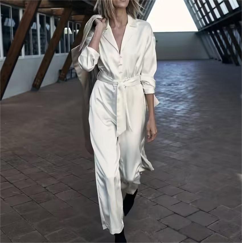 Women Clothing Office Collared Loose with Belt Silk Satin Texture Long Jumpsuit