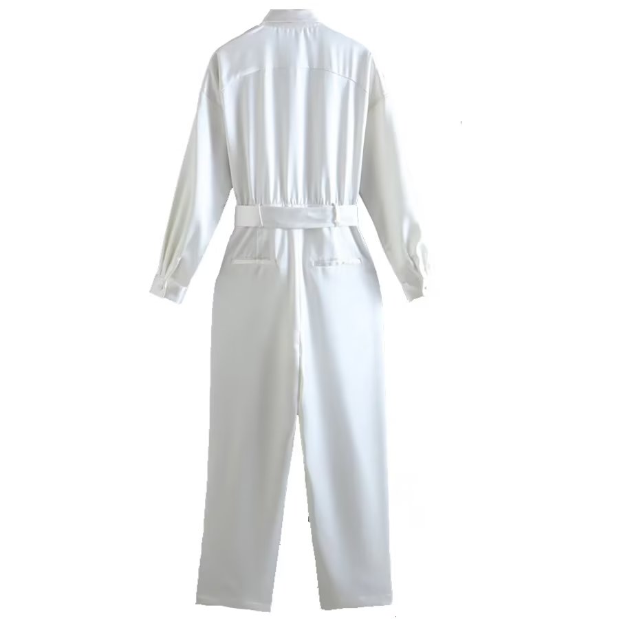 Women Clothing Office Collared Loose with Belt Silk Satin Texture Long Jumpsuit