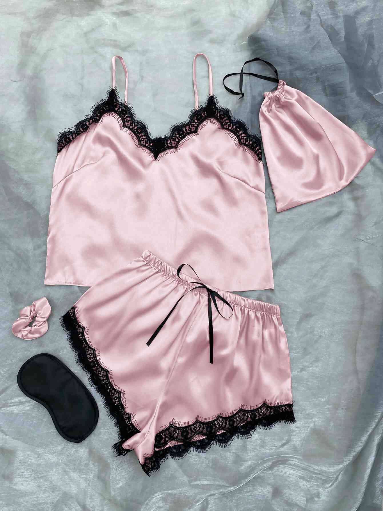 Lace Trim Cami, Shorts, Eye Mask, Scrunchie, and Bag Pajama Set - myETYN