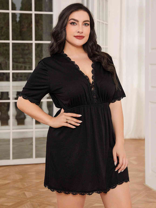 Plus Size Lace Trim Deep V Night Dress - myETYN