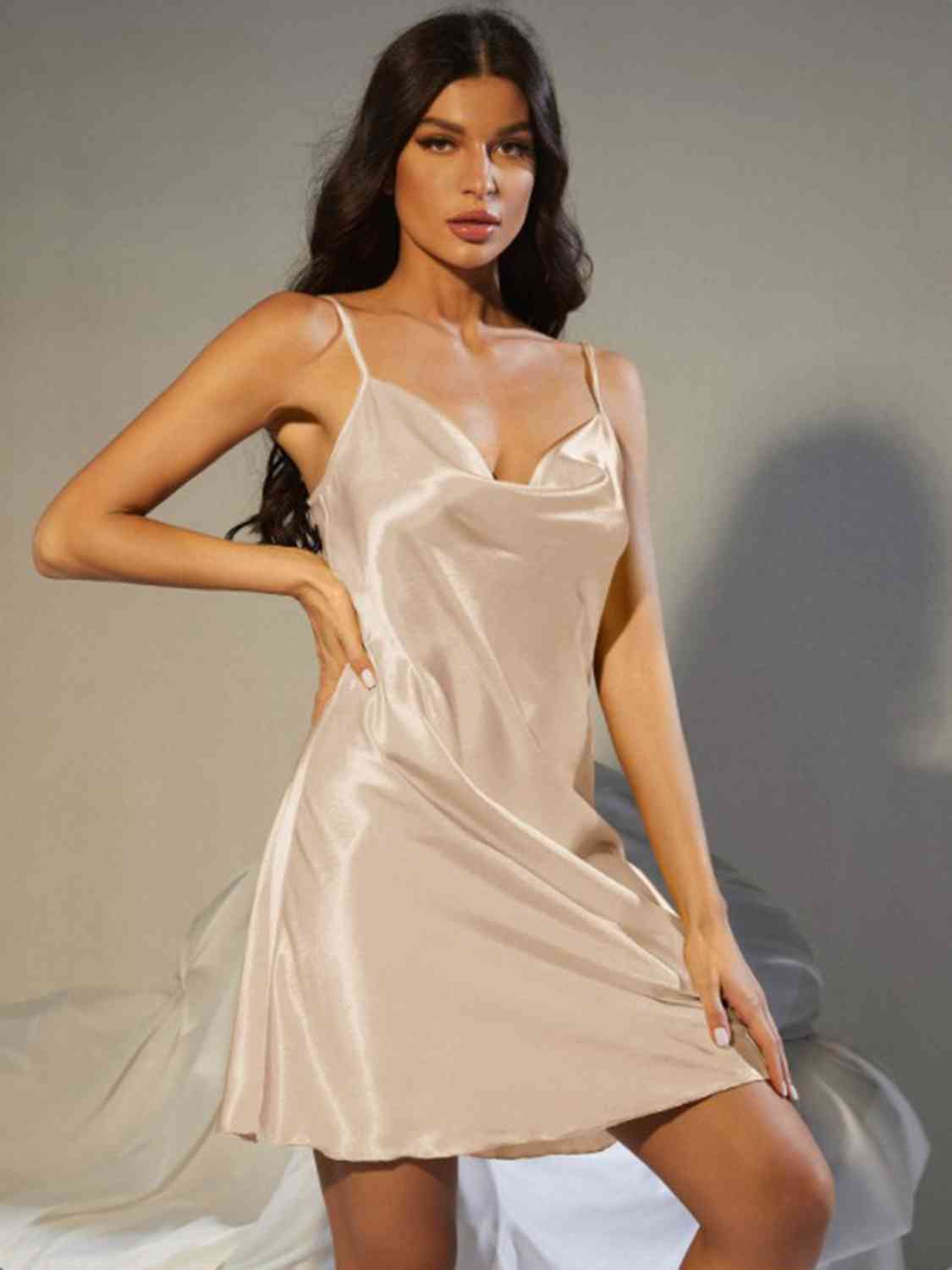 Spaghetti Strap Cowl Neck Satin Night Dress - myETYN