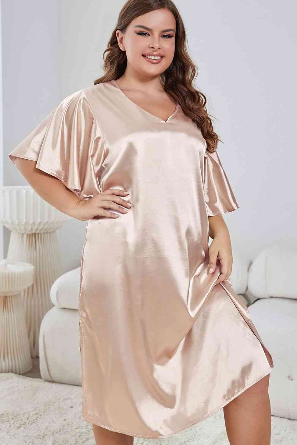 Plus Size Flutter Sleeve V-Neck Side Slit Night Gown - myETYN