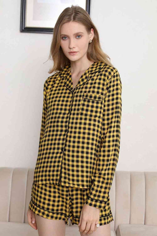 Plaid Long Sleeve Shirt and Shorts Lounge Set - myETYN