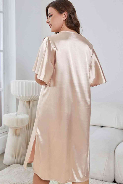 Plus Size Flutter Sleeve V-Neck Side Slit Night Gown - myETYN