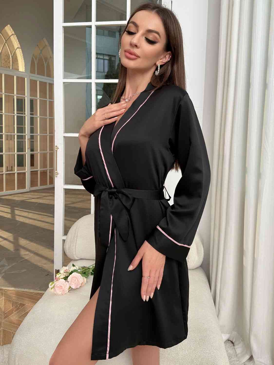 Tie Waist Surplice Neck Robe - myETYN