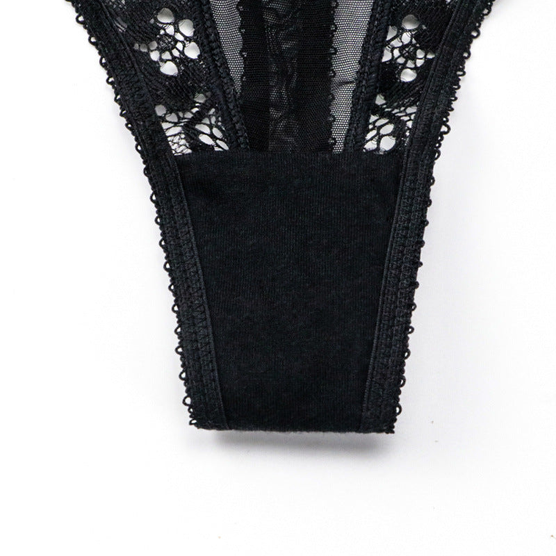 Sexy Lace T Back Women Transparent Cutout Women T-Shaped Panties Underwear Women Seduction Low Waist Black Tie - myETYN