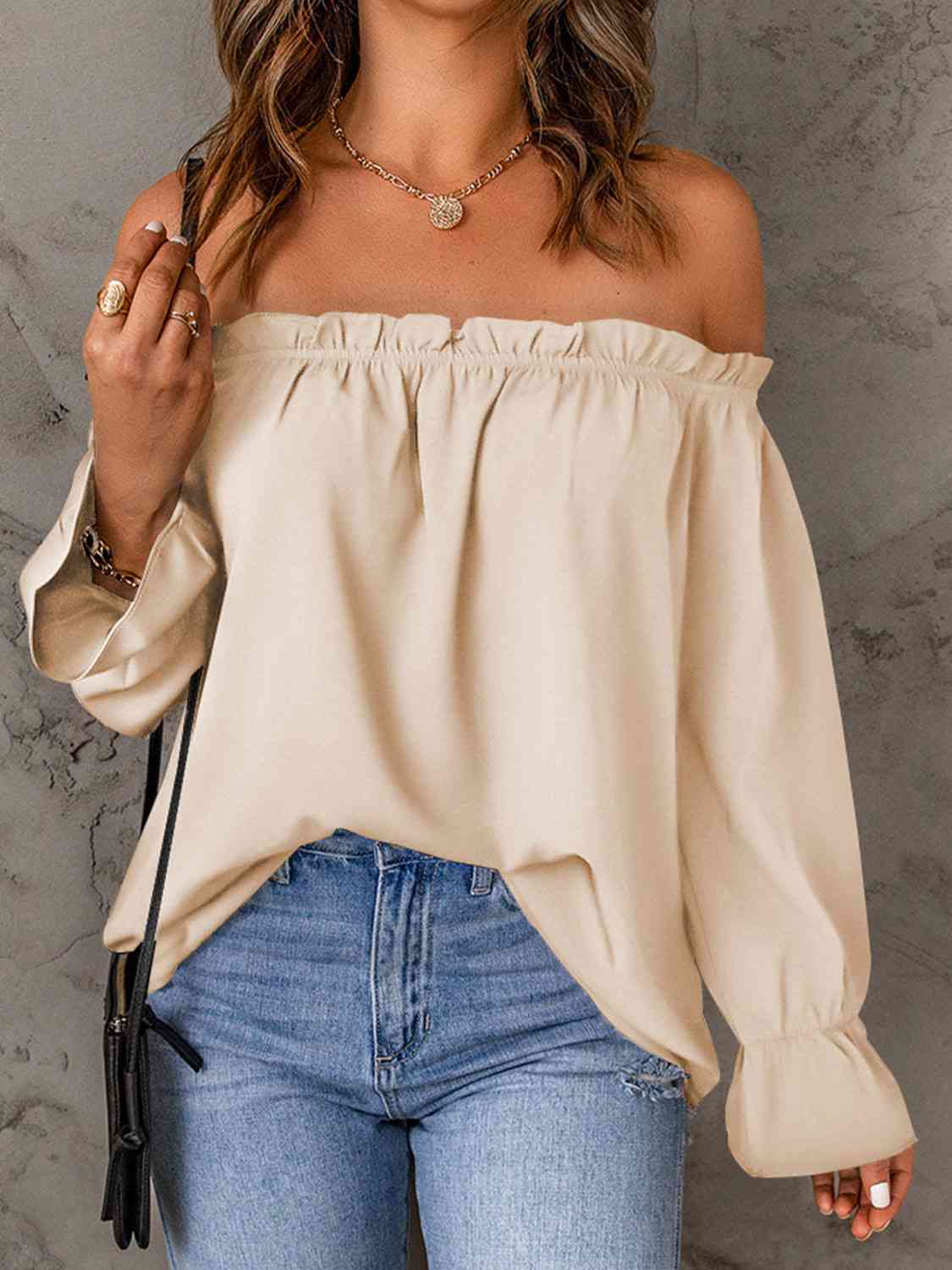 Off-Shoulder Flounce Sleeve Blouse - myETYN