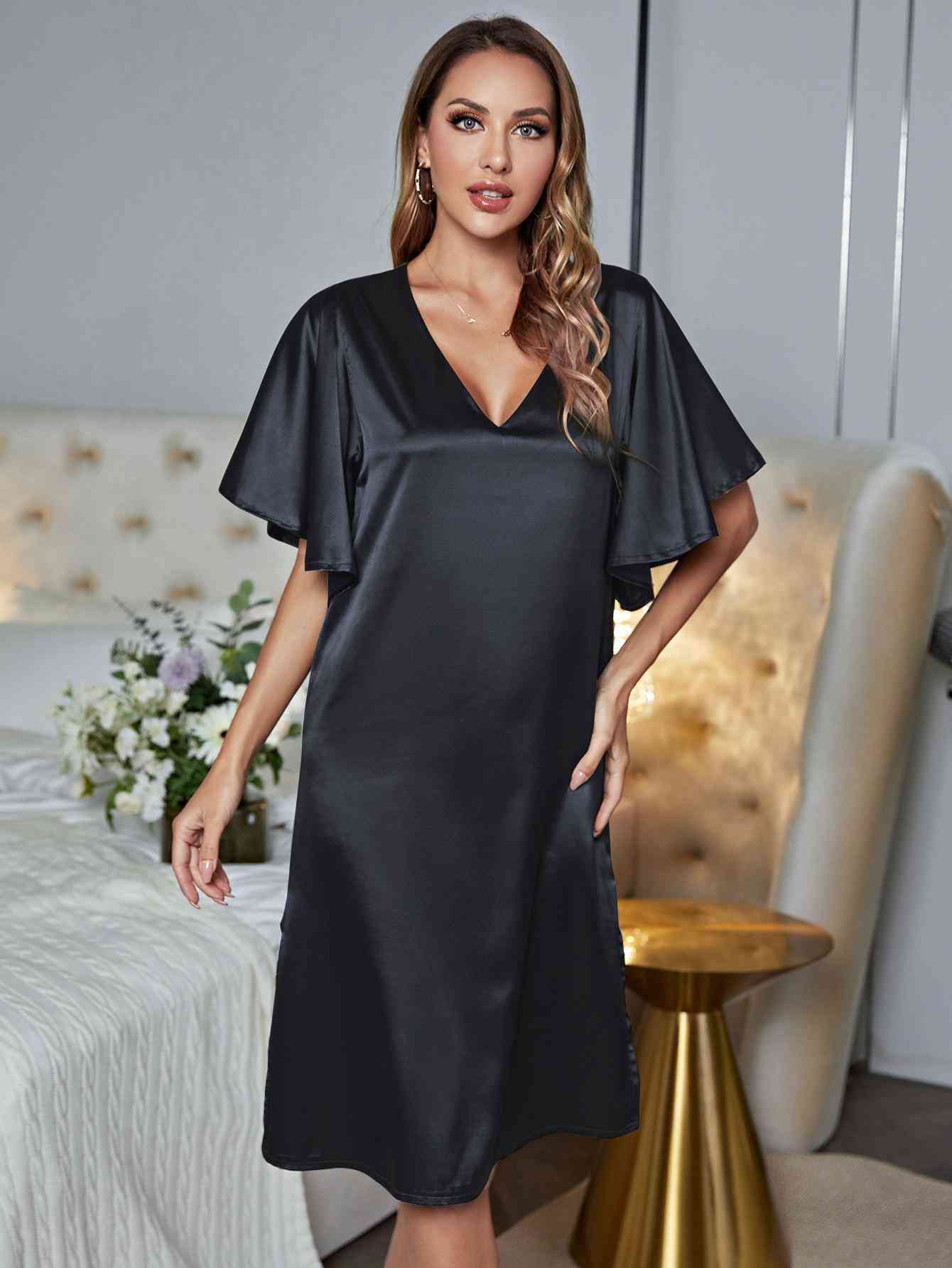 V-Neck Flutter Sleeve Night Dress - myETYN