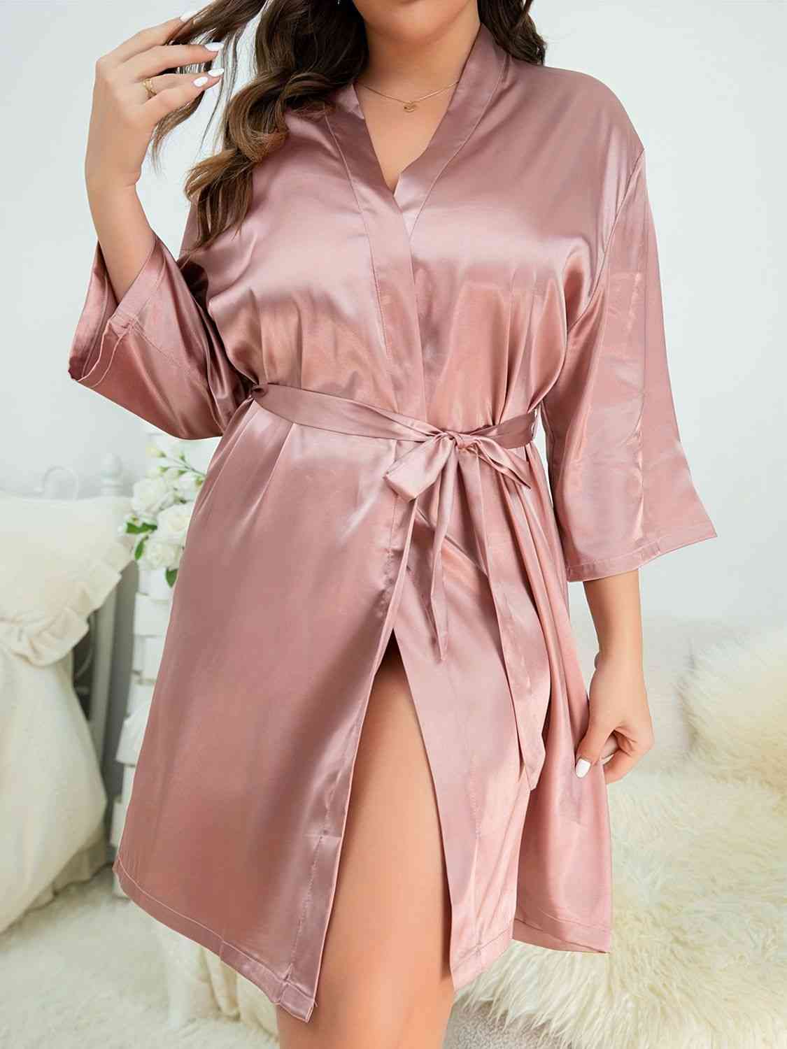 Plus Size Surplice Neck Tie Waist Robe - myETYN