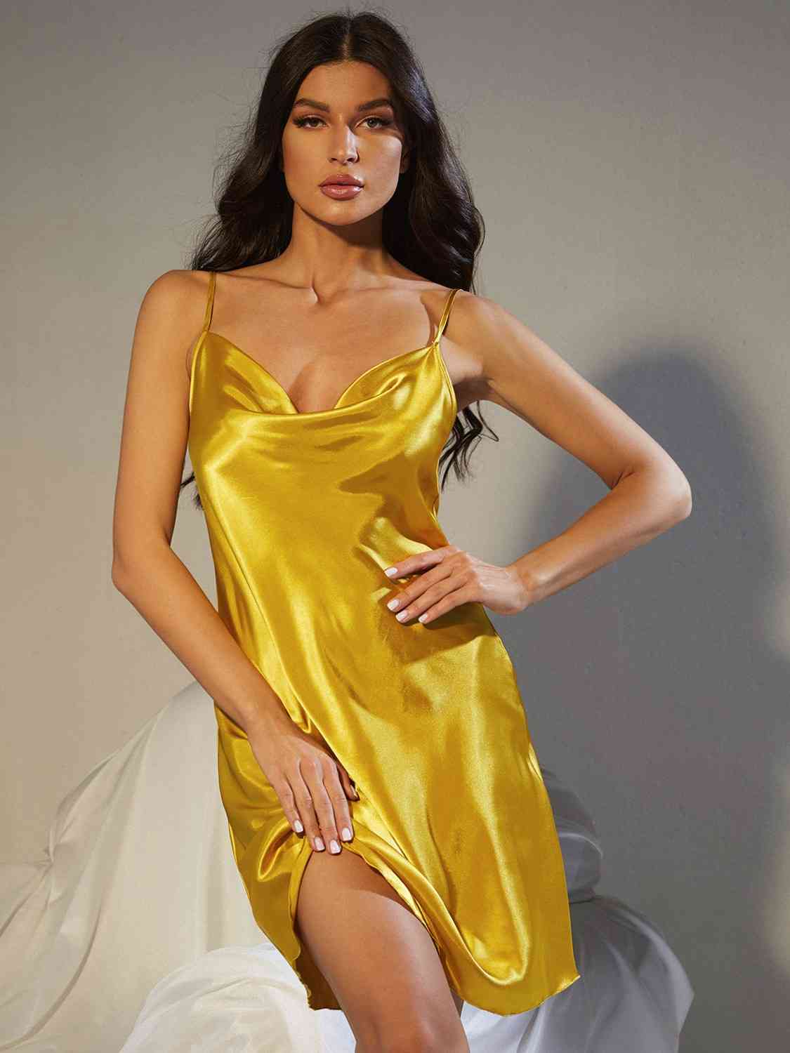 Spaghetti Strap Cowl Neck Satin Night Dress - myETYN